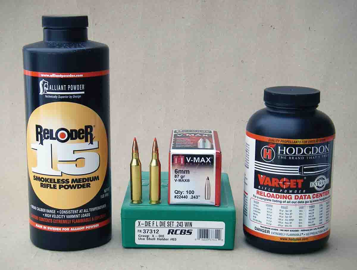 Alliant Reloder 15 and Hodgdon Varget will produce top-notch accuracy when handloading the .243 Winchester with the Hornady 87-grain V-MAX bullet.